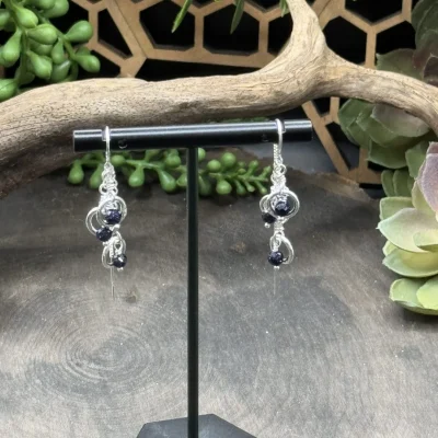 Threader Earrings with Chains, Fine Silver Rounds, & Blue Goldstone Beads