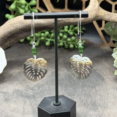 Marquise Ear Wires with Jade Beads & Abalone Monstera Leaf