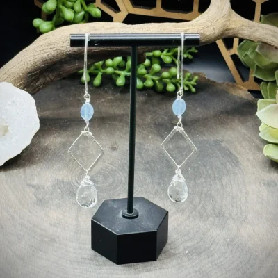 Fine Silver Diamond Shaped Round, Marquise Ear Wires with Aquamarine & Clear Quartz Teardrops