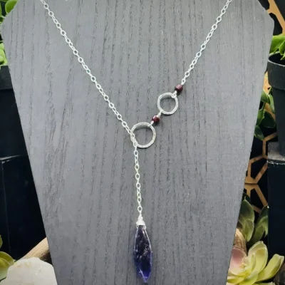 Two Elegant Fine Silver Round Y Necklace with Garnets & Large Amethyst