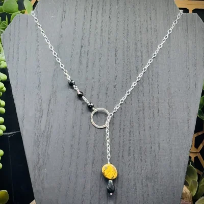 Fine Silver Small Round Y Necklace with Tigers Eye, Black Obsidian, & Onyx