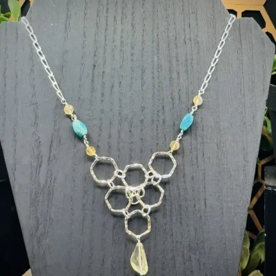 Fifteen Elegant Honeycomb Hoop Necklace with Citrine & Turquoise