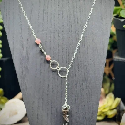 Three Elegant Fine Silver Small Rounds Y Necklace with Smoky Quartz & Strawberry Quartz