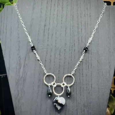 Five Elegant Hoop Necklace with Onyx & Quartz Heart, Black Obsidian, Onyx, & Clear Quartz Crystals