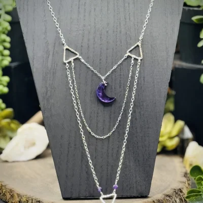 Three Triangle Shaped Hoops Long Necklace with Amethyst
