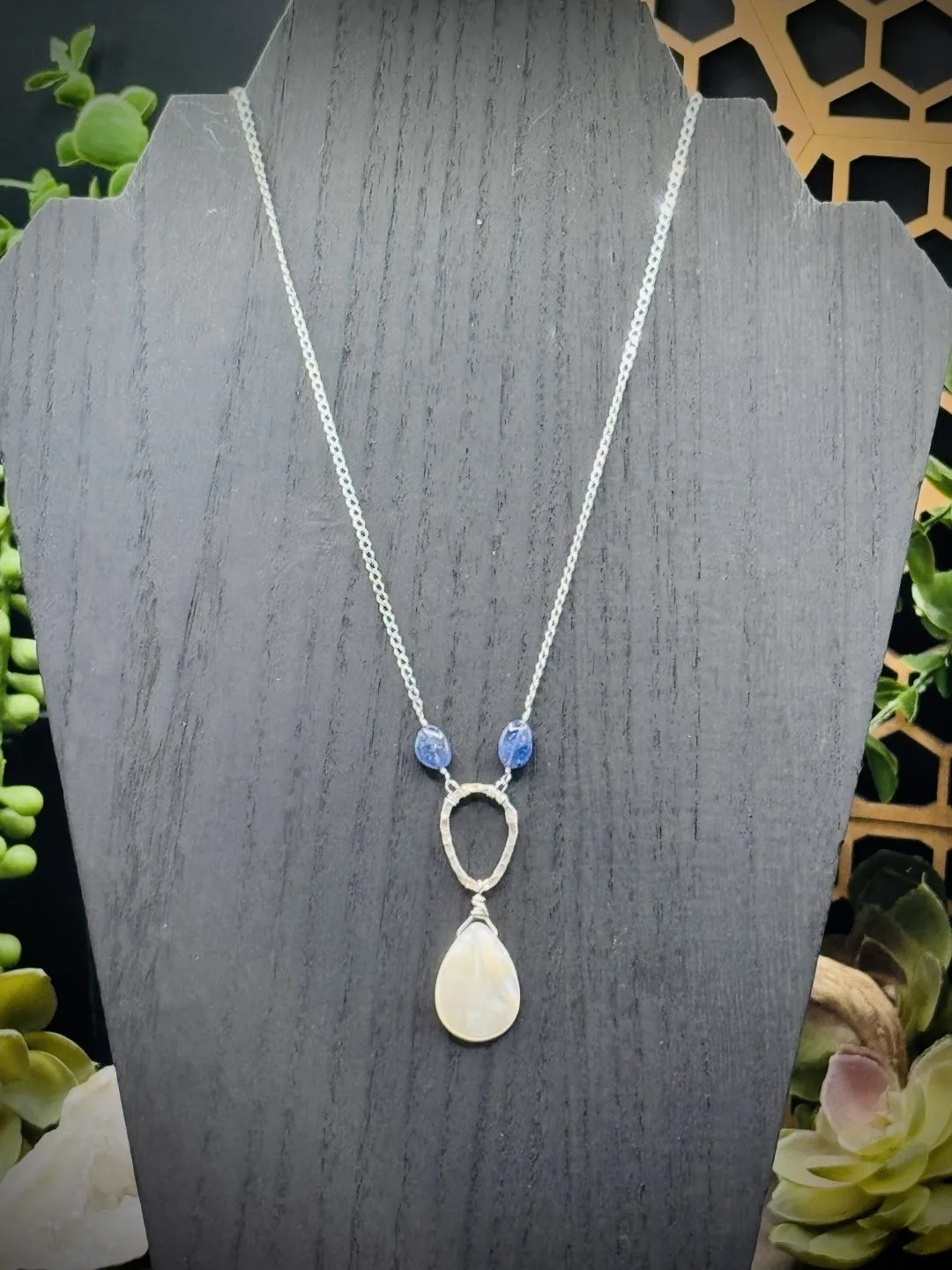 Small Fine Silver Teardrop with Mother of Pearl & Tanzanite