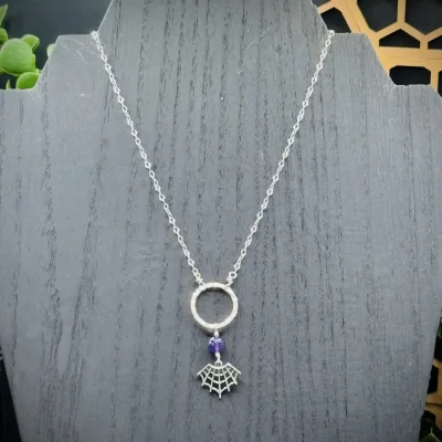 Small Fine Silver Round with Amethyst & Sterling Silver Spiderweb Choker