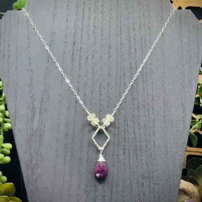 Small Fine Silver Diamond Shaped Round with Ruby Teardrop & Citrine Beads