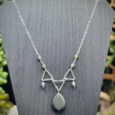 Three Triangle Shaped Hoop Necklace with Rainbow Obsidian & Labradorite