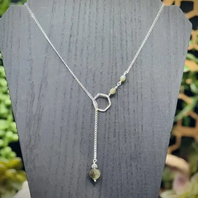 Elegant Fine Silver Small Honeycomb Round Y Necklace with Labradorite