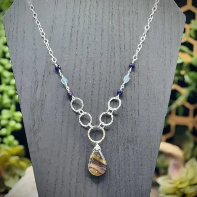 Nine Elegant Hoop Necklace with Fluorite, Amethyst, & Aquamarine