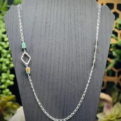 Fine Silver Diamond Shaped Hoop Necklace with Turquoise and Smoky Quartz