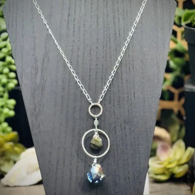 Two Elegant Hoop Long Necklace with Labradorite & Titanium Quartz