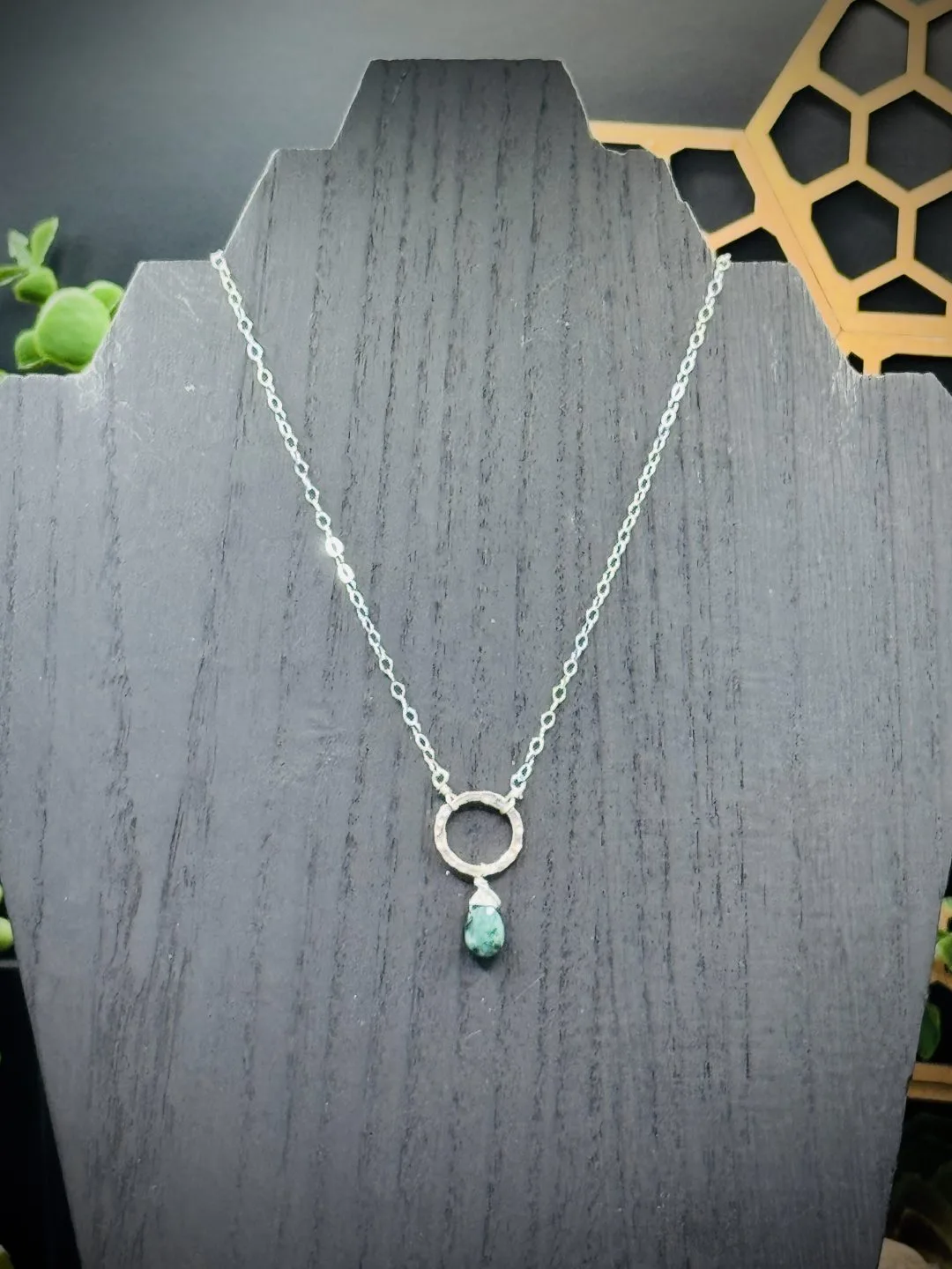 Small Fine Silver Round with Emerald Teardrop