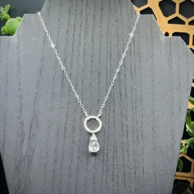 Small Fine Silver Round with Clear Quartz Crystal Teardrop
