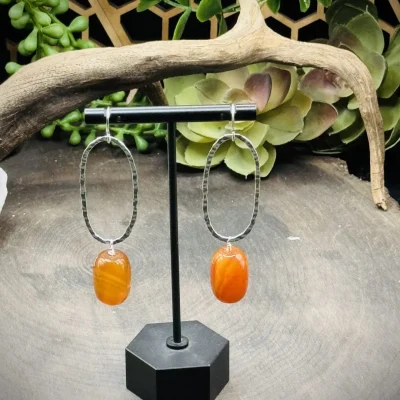 Daring Fine Silver Oval Hoops with Red Agate