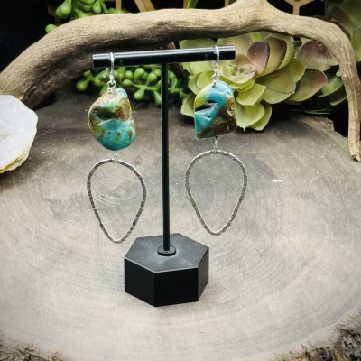 Daring Fine Silver Teardrop Hoops with Chunky Turquoise