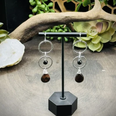 Three Geometric Round Earrings with Onyx & Red Tigers Eye