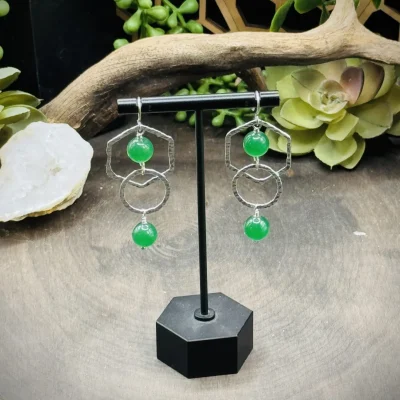 Two Geometric Round Earrings with Round Jade Beads