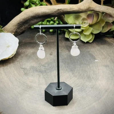 Dainty Hoops with Rose Quartz Teardrops