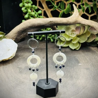 Geometric Round Earrings with Vintage Natural Shell & Blue Goldstone