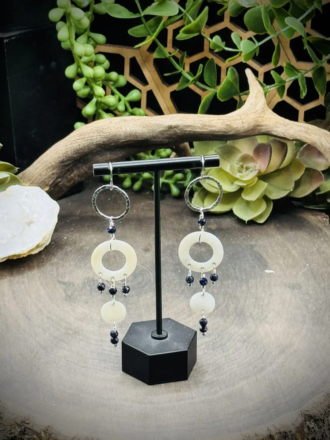 Geometric Round Earrings with Vintage Natural Shell & Blue Goldstone