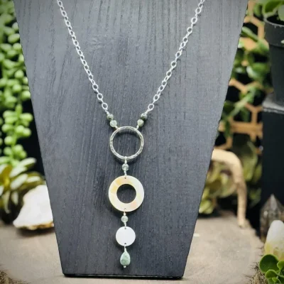 Elegant Hoop Long Necklace with Vintage Natural Shell, Jade, & Burma Jade