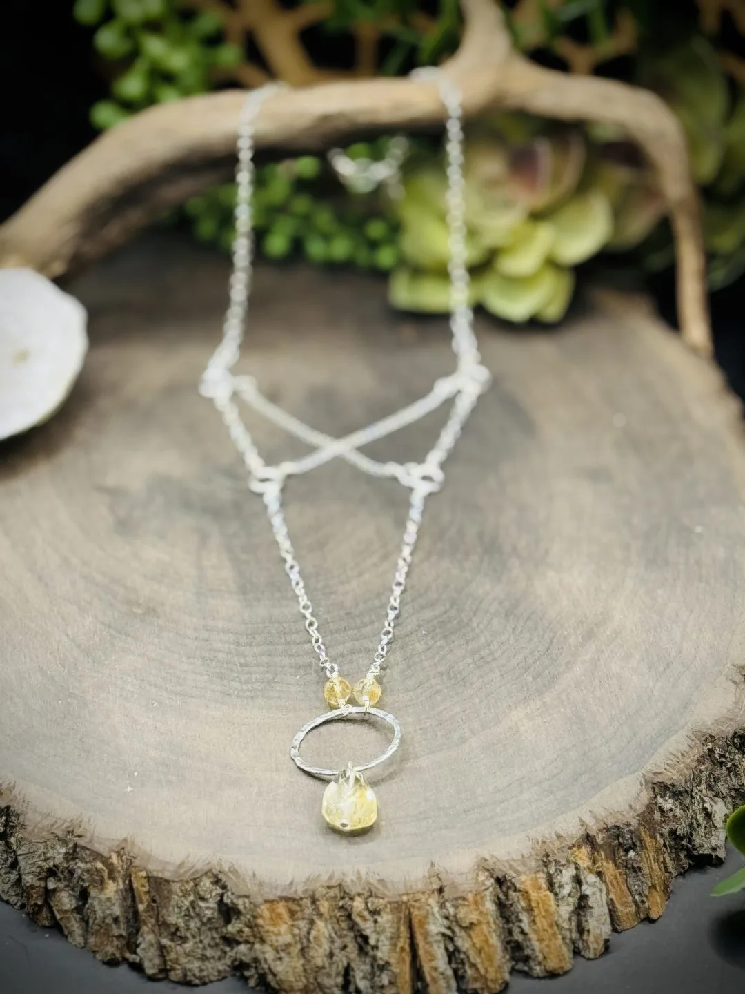 Five Elegant Hoop Necklace with Criss Cross Chain & Citrine Beads - Image 2