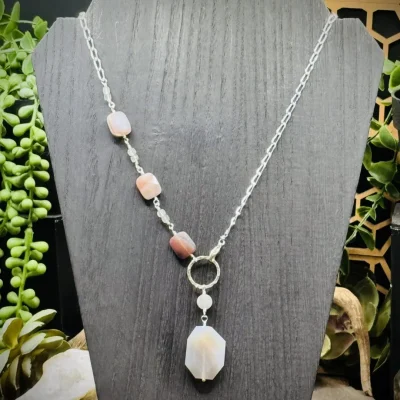 Asymmetric Fine Silver Hoop Necklace withLabradorite, Botswana Agate, & Agate