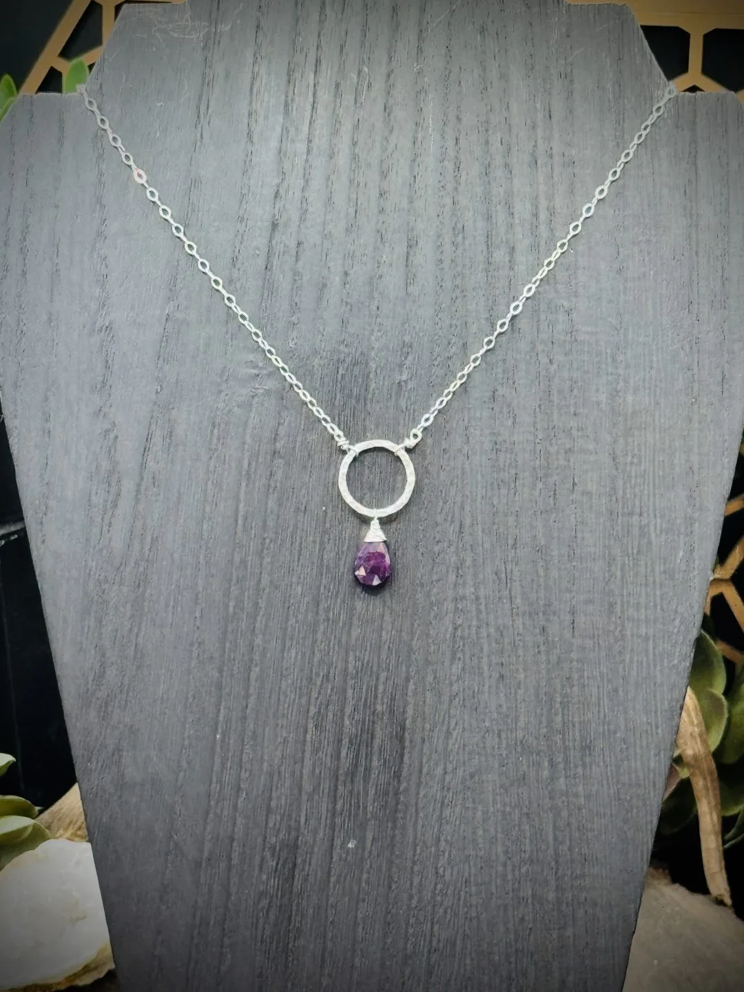 Small Fine Silver Round with Ruby Teardrop