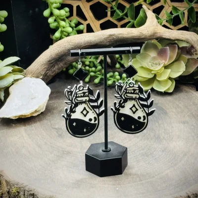 Earrings with Square Onyx Beads & 3D Printed Potion Bottles