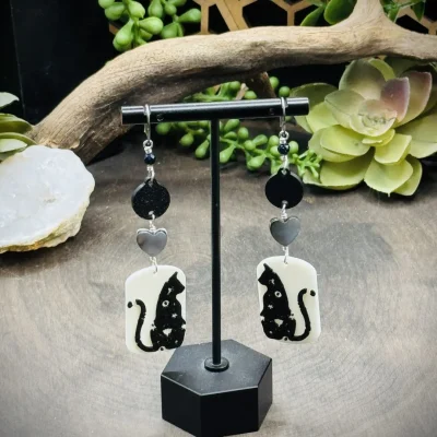 Earrings with Grey Shell Heart, Blue Goldstone, & 3D Printed Black Cats