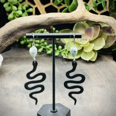 Earrings with Burma Jade & 3D Printed Snakes