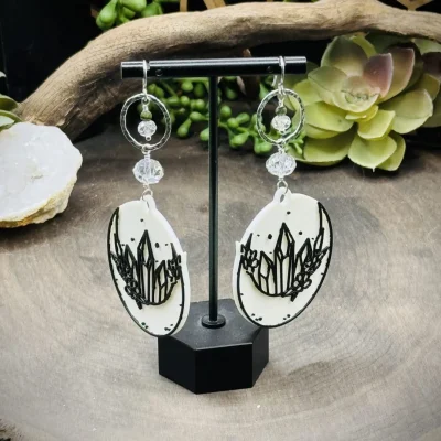 Elegant Fine Silver Oval Earrings with Green Garnets, Clear Quartz, & 3D Printed Moon with Crystals