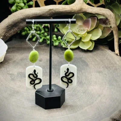 Elegant Fine Silver Diamond Shaped Earrings with Jade & 3D Printed Snakes