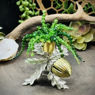 Small Beaded Plant Sun catcher in Vintage Gold & Silver Acorn Candle Holder