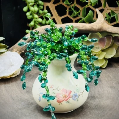 Small Beaded Plant Sun catcher in Vintage Floral Vase