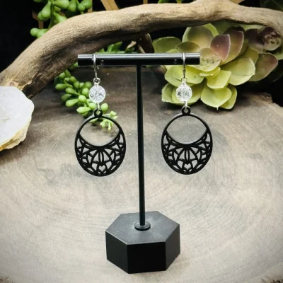 Earrings with Clear Quartz Crystals & 3D Printed Oval Mandalas