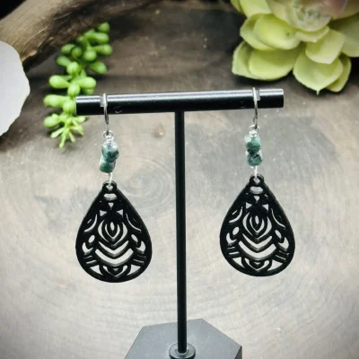 Earrings with Emeralds & 3D Printed Teardrop Mandala