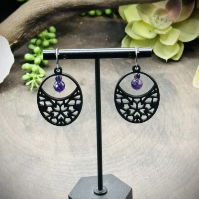 Earrings with Amethyst & 3D Printed Oval Mandala