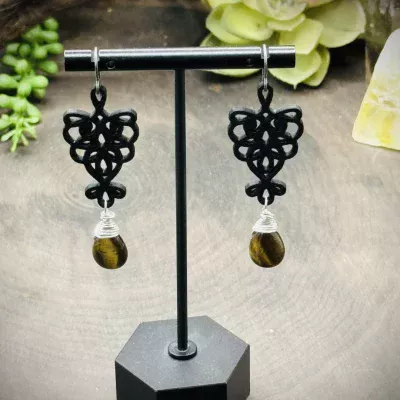 Earrings with Tigers Eye Teardrops & 3D Printed Owl Mandala
