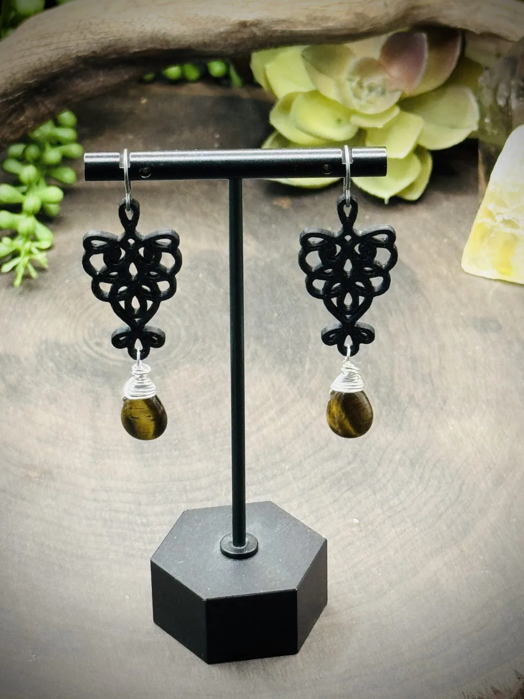 Earrings with Tigers Eye Teardrops & 3D Printed Owl Mandala