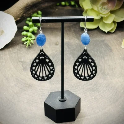 Earrings with Kyanite & 3D Printed Teardrop Mandala