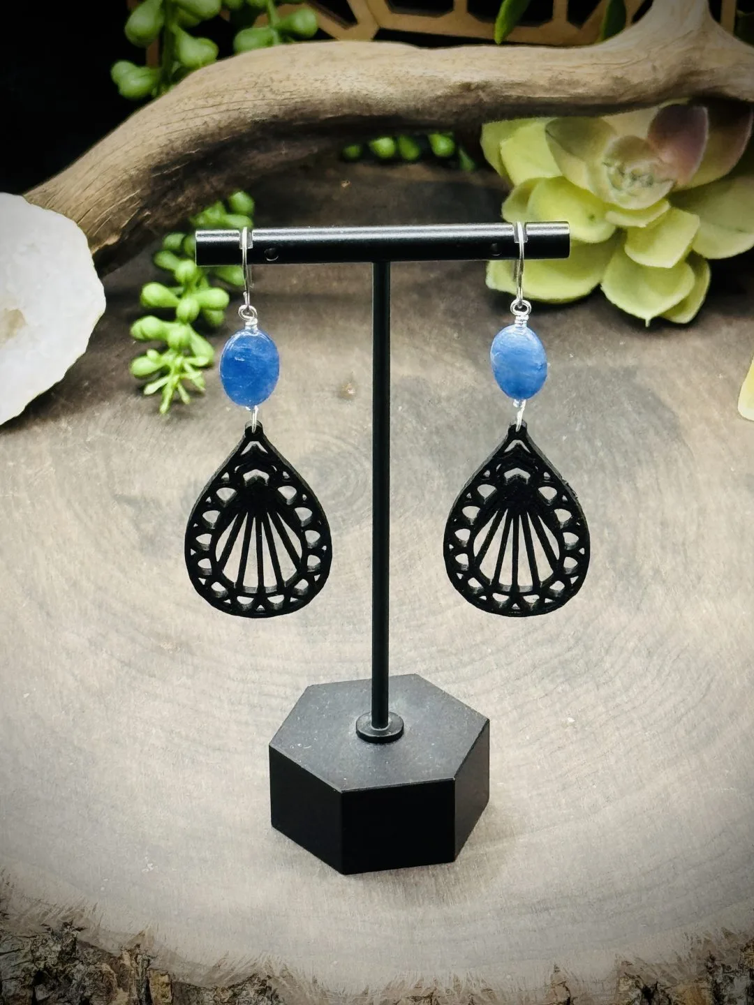 Earrings with Kyanite & 3D Printed Teardrop Mandala
