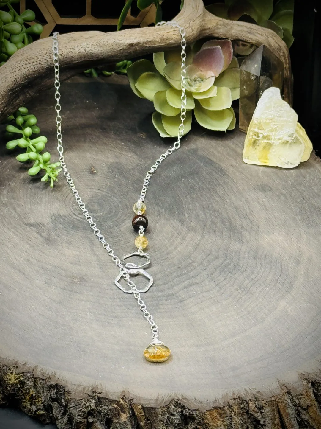 Two Elegant Honeycomb Fine Silver Round Y Necklace with Citrine & Tigers Eye - Image 2