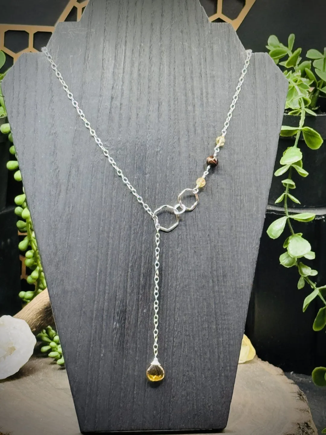 Two Elegant Honeycomb Fine Silver Round Y Necklace with Citrine & Tigers Eye