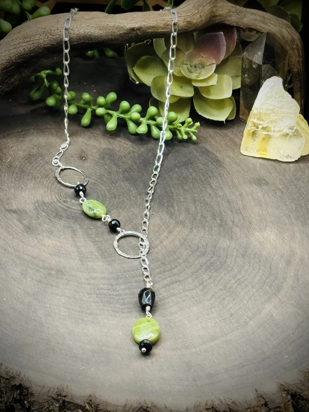 Two Elegant Fine Silver Round Y Necklace with Jade, Onyx, & Black Obsidian - Image 2