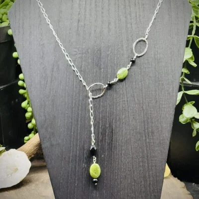 Two Elegant Fine Silver Round Y Necklace with Jade, Onyx, & Black Obsidian