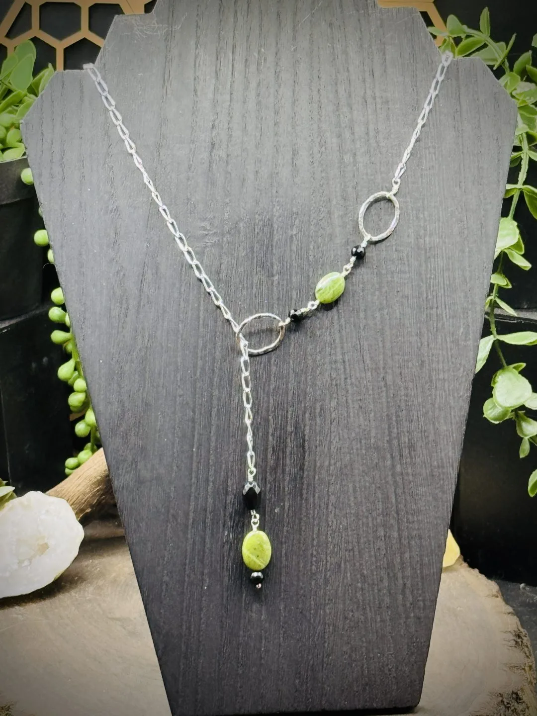 Two Elegant Fine Silver Round Y Necklace with Jade, Onyx, & Black Obsidian