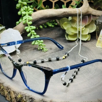 Gemstone Eyeglass Chain with Onyx, Multi-Colored Tigers Eye, & Smoky Quartz